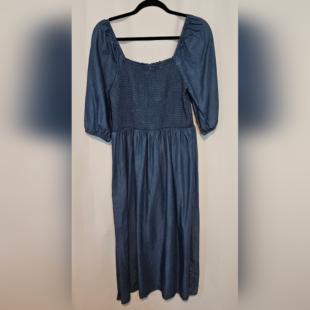 C&C California Blue Denim Smocked Bodice Midi Dress